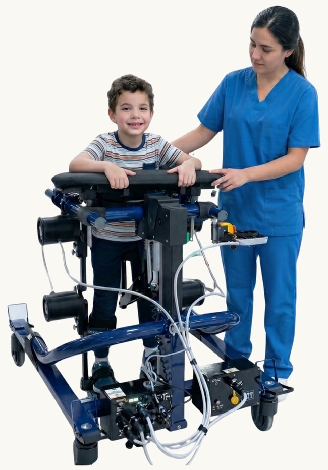 Yürüme robotu ile rehabilitasyon gören bir çocuk ve yanında fizyoterapisti